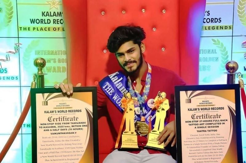TTF Vasan posing with his Kalams World Records certificate for creating a new world record by riding non-stop from Tamil Nadu to Kashmir, which is 3500 Km, in 1 and a half days (39 hours)