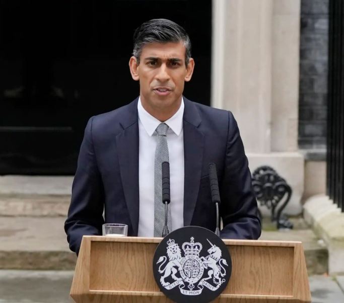 Rishi Sunak delivering speech at Downing Street in London on Tuesday, 25 October 2024 after returning from Buckingham Palace where he was invited to form a government by Britain's King Charles III.