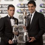 Eden Hazard winning the PFA Young Player of the Year Award posing with the PFA Player of the Year Award winner Luis Suarez