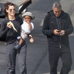George Clooney, Sandra Bullock, and Louis on the Gravity Set
