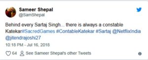 A Fan's Tweet About Katekar's and Sartaj's Relationship
