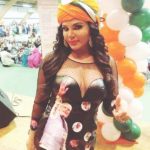 Rakhi Sawant wearing a dress with Narendra Modi imprinted