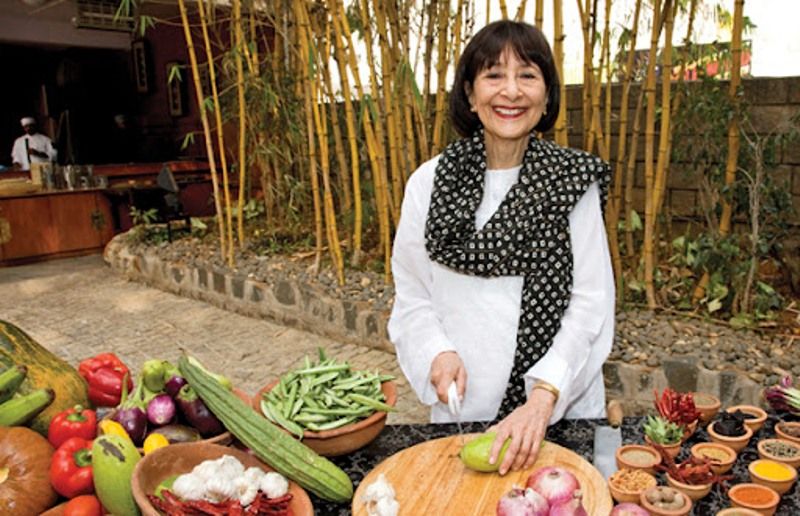 Madhur Jaffrey cutting vegetables