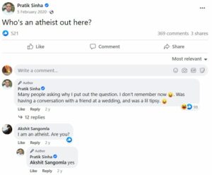 Pratik Sinha's Facebook post depicting that he is an atheist