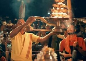 Rishi Singh (right) during Saryu arti in Ayodhya