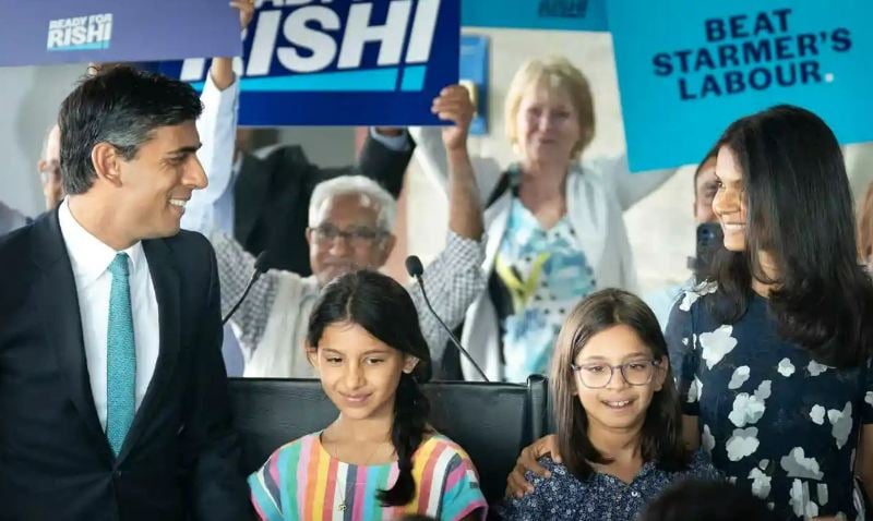 The Sunak family during a Tory leadership campaign event in July. From left - Rishi Sunak, Anoushka Sunak, Krishna Sunak, and Akshata Murthy